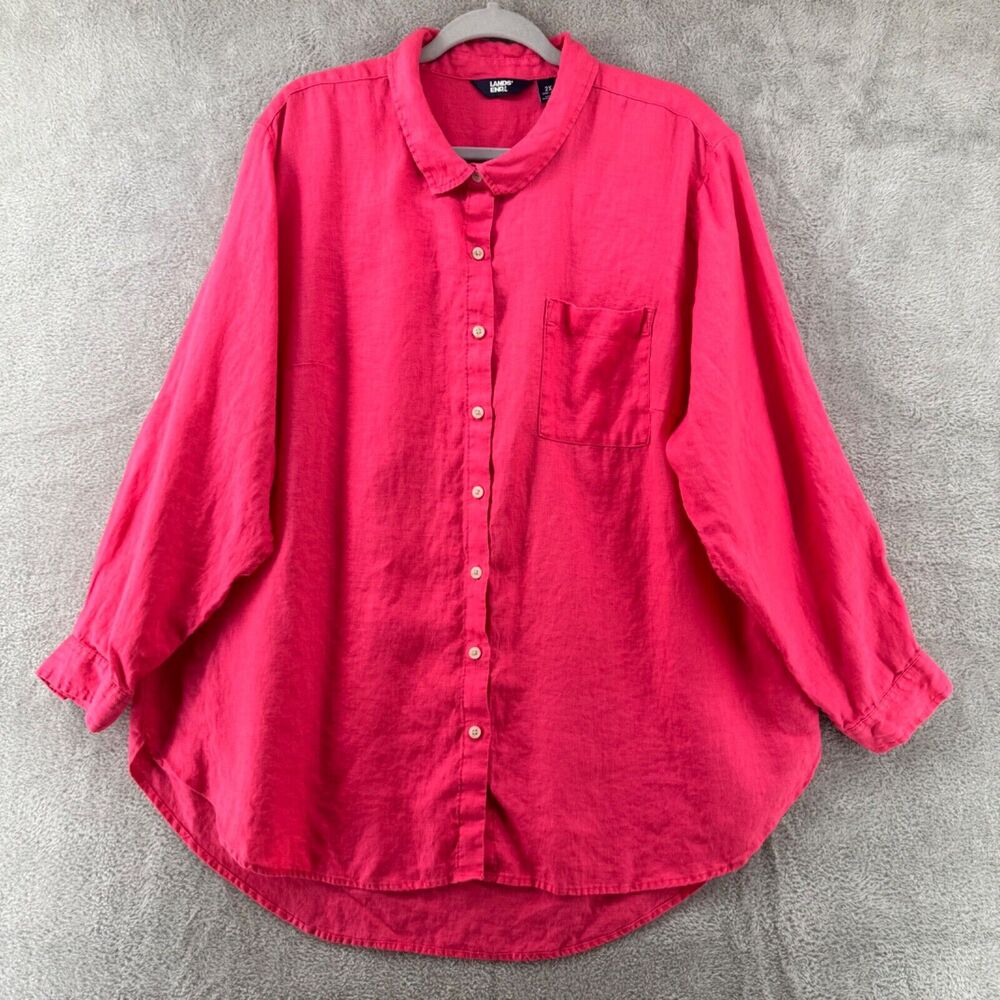 Lands End Shirt Women 2X Orange Linen Button Up Collared Roll Tab Long Sleeve